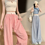 Kylethomasw Thin High Waisted Women's Checkered Black and White Wide Leg Pants, Casual Elastic Floor Length Pants, Retro Loose and Versatile