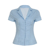 KYLETHOMASW  -  V-neck plaid waist cinched shirt cross-border American slim fit short sleeved single breasted temperament top