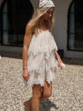 KYLETHOMASW  -  Women's Chic White Lace Trim Slip Mini Dress Off Shoulder Backless Vestido Casual Boho Ruffle Spaghetti Strap Summer Beach Dress
