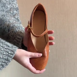 KYLETHOMASW  -  Retro Leather Mary Jane Shoes Women with Buckle Low Heel British Style Slip-On Round Toe Vintage Soft Casual Comfortable Flats