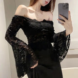 KYLETHOMASW  -  French Dopamine Pure Desire Shoulder Baring Temperament Lace Base Shirt for Women Slim Fit and Slimming Internet Famous Top