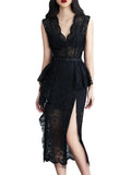 KIylethomasw Sexy Club Sleeveless V-Neck High Waist Women Black Lace Female Vintage Ruffles Split Summer Evening Party Dress With Belt