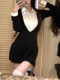 KYLETHOMASW  -  Korean Fashion Sweet Knitted Fake Two Piece Dress Women Long Sleeve Patchwork Chic Slim Dresses Autumn Design Elegant Clothing