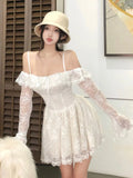 KYLETHOMASW  -  Sexy Lace Mini Dress for Women Sweet Slash Neck Spaghetti Strap Flare Long Sleeves Ruffle Slim Party Dresses Female Clothing New