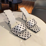 KYLETHOMASW  -  Summer Women Satin Polka Dot Slippers Sexy Square Toe Thin High Heel Dress Shoes Elegant Banquet Stripper Party Slides Shoes