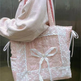KYLETHOMASW  -  Sweet Lovely Pink Bow Tote Bag Women Lace Patchwork Plaid Large Capacity Shoulder Bag Ladies Fashion Versatile Underarm Bag Chic