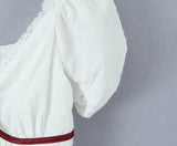 KYLETHOMASW  -  New Contrasting Bow Lace Trim White Blouse Women Sexy V Neck Puff Sleeve Slim Summer Crop Top