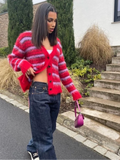 KYLETHOMASW  -  Striped Fuzzy Mohair V-Neck Knit Cardigan Oversize Button Front 2025 Autumn New Chic Casual Women Coat Fashion Cozy Lady Sweater