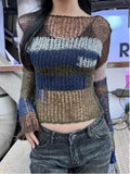 KYLETHOMASW  -  Y2K Vintage Hollow Out Sweater Women Sexy Patchwork Striped Knit Sweater Japanese 2000S Hole Pullover Aesthetics Crop Knit Tops