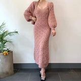 KYLETHOMASW  -  Sweet Hot Girl Suit Women's Autumn and Winter Single-breasted Lantern Sleeve Knitted Cardigan Slim Strap Dress Two-piece Set