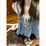 KYLETHOMASW  -  Blue Plaid Lace Drawstring Vest Suspender for Women's New Loose and Slim Versatile Sweet and Gentle Top