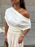 KYLETHOMASW  -  summer new style sloping shoulder off-shoulder T-shirt asymmetric pleated pure color short sleeve