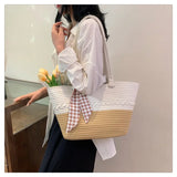 Kylethomasw Cross-border Large-capacity Cotton Knitted New Color-blocked Shoulder Bag Vacation Beach Bag Vacation Straw Shoulder Bag