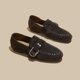KYLETHOMASW  -  Genuine Leather Flats Women Luxury Metal Buckle-Decorated Women's Suede Loafers Light Comfortable Cow Suede Shoes for Women