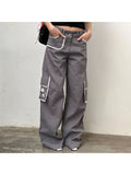 Kylethomasw  Woman Denim Pants Loose Trousers Low Waist Sweatpants Floor-Length Cargo Pockets Pants Bell Bottoms Hiking Design Pant Y2K