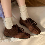 KYLETHOMASW  -  Suede Retro Lace Up Casual Flat Shoes Women Comfort Shallow Autumn Footwear Female Brown Fashion Brand Ballet Sneakers Women