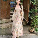 KYLETHOMASW  -  Summer 2PCS Sexy Spaghetti Strap Dress for Women Korean A-line Print Long Dress Slim Fit Temperament Elegant Vacation Dress