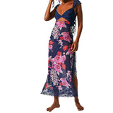 KYLETHOMASW  -  Women Long Bodycon Dress Floral Print Lace Patchwork Cutout V-Neck Sleeveless Dress Summer Slit Backless Party Dress