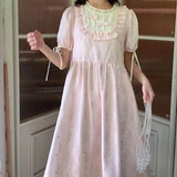KYLETHOMASW  -  Korean Commute Summer New Women's Patchwork Folds Ruffles Printed Crew Neck Bow Drawstring Short Sleeve Loose Sweet A-line Dress