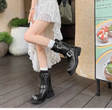 KYLETHOMASW  -  Autumn Winter Metal Belt Buckle Women Motorcycle Boots Fashion Rivet Patent Leather Platform Wedge High heels Chunky Boots Shoes