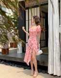 KYLETHOMASW  -  Summer Print Floral Asymmetrical Ruffled Dress Women Square Collar Short Sleeve Slim Pink Korean Dress Party Birthday Dresses