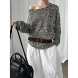 KYLETHOMASW  -  Knitted Sweater Women Diagonal Collar Off Shoulder Autumn Winter Hollow Out Belt Pullover Vintage Elegant Jumper Ladies