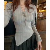 Kylethomasw High Street Solid Color Casual Irregular Long Sleeve Sweater Women 2025 Spring New V-neck Lace-up Sexy Slim Thread Knitted Tops