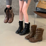 KYLETHOMASW  -  Fashion Design Narrow Band Lace-up Women Knee-High Boots Vintage Spring Autumn Round Toe Square Low Heels Shoes
