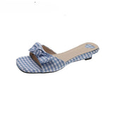 KYLETHOMASW  -  Summer Plaid Satin Bow Knot Women Slippers Concise Square Toe Lightweight Slip On Slides Outdoor Daily Walking Vacation Shoes