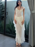 KYLETHOMASW  -  Fashion 2025 Summer White Ruffles Irregular Long Holiday Dress Fairy Women Sheer Mesh Sleeveless Vacation Beach Seaside Dress