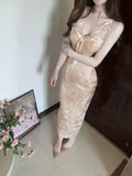 KYLETHOMASW  -  Summer French Socialite Slim Fit Floral  V-neck Sleeveless Sexy Dress Lace Patchwork Wrap Hip Tight Long Dress for Women