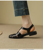 KYLETHOMASW  -  Sandals Women Low Thick Heel Genuine Leather Hook and Loop Back Strap Casual Sandals Summer Solid Color Shoes Fashion New