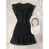 KYLETHOMASW  -  Elegant Bow Women Mini Dress Summer New Sweet Ruffles Slim A-Line Dresses Elegant Flying Sleeves Chiffon Pleated Vestidos 026A