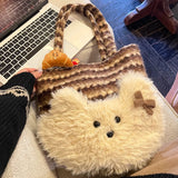 KYLETHOMASW  -  Patchwork Cute Fluffy Dog Contrast Color Striped Handbags Women Purses Y2k Aesthetic Sweet Cartoon Kawaii Shoulder Underarm Bag