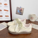 KYLETHOMASW  -  Korean Style Women Mesh Panel Skate Shoes Off White Navy Blue StitchingVintage Rubber Outsole Double Laces Daily Casual Sneakers