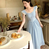 KYLETHOMASW  -  Slim Blue White Checkered Waistband Flying Sleeves Elegant Dress Women Summer New Long Checkered Vestidos