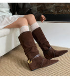 KYLETHOMASW  -  Mid Calf Women Boots Pointed Toe Flats Shoes Designer Chelsea Boots Winter 2025 Casual Walking Suede Zapatos Goth Mujer Botas