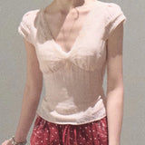 KYLETHOMASW  -  Sweet Shirts Women V Neck Lace Patchwork Bandage Slim Summer Fashion New Crop Tops Female Y2k Harajuku Casual Blouse