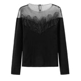 Kylethomasw White Off Shoulder Knit Sweater Women Lace Transparent Mesh Long Sleeve Crop Pullovers Fairycore Aesthetics Clothes Chic