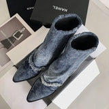 KYLETHOMASW  -  Designer Lapel Denim Women Ankle Boots Autumn and Winter Pointed Toe Korean Version Cowboy Boots Sexy Hottie Short Single Botas