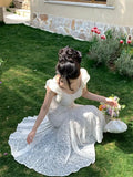 KYLETHOMASW  -  Summer French Style Lace Dress for Women Cap Sleeve Slim Fit Mermaid Long Dress Elegant Waist Cinching Delicate and Feminine New
