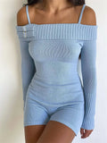 Kylethomasw Summer New Off-Shoulder Jumpsuit For Women Long Sleeve Y2k Slim Playsuit Knitwear High Waist Short Sets Casual Rompers