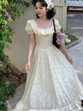KYLETHOMASW  -  Lace Ruffles Long Dresses Solid Square Neck Spring Summer Princess Dress Women A-line Vintage Sweet Vestidos Mujer