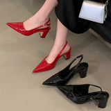 KYLETHOMASW  -  High Quality Patent Leather Buckle Strap Pumps Women Slingback Pointed Toe Square Heels Wedding Party Shoes