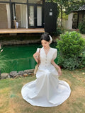 KYLETHOMASW  -  Summer French Style Dress for Women V Neck Short Sleeve Lace Trim Slim Fit Waist A Line Long Dress Elegant Flattering Design
