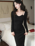 KIylethomasw Women Vintage Chain Square Neck Long Sleeves Midi Dresses Spring New Fashion French Sexy Bodycon Evening Party Female Clothing