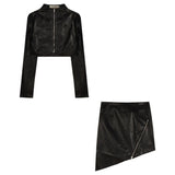 Kylethomasw Autumn New Streetwear Asymmetric Zipper Sexy Slim Black Mini Skirt Women + Casual Leather Long Sleeve Jacket Two-Piece Suit