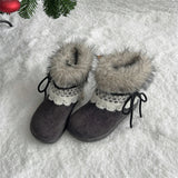 KYLETHOMASW  -  Sweet Lace Decoration Furry Suede Snow Boots Women 2025 Winter Thick Bottom Fluffy Fur Ankle Boots Warm Plush Designer Shoes