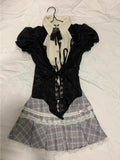 KYLETHOMASW  -  Harajuku Summer Women 2 Piece Set Gothic Lace Slim Tops + Elastic Plaid Short Skirt Female Retro High Street Y2k Design Outfits