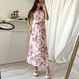 Kylethomasw -  Female Off Shoulder Hollow Out Holiday Beach Dress Elegant Pattern Print High Waist Long Dress Fashion Summer Halter Loose Dress